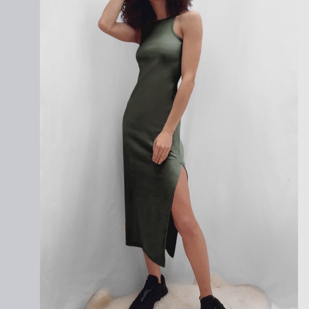 French Connection Halter Rib Maxi Dress in Olive Medium